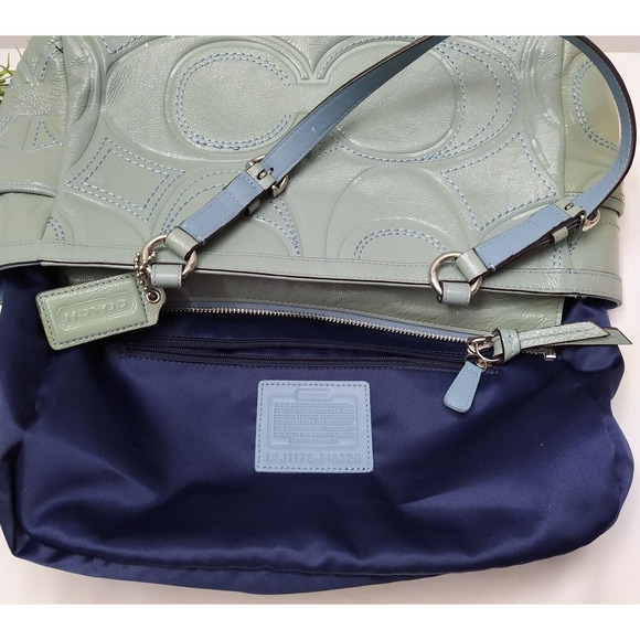 Coach Blue Patent Leather Signature C Embossed Double Handles Pockets Tote Bag - Picture 11 of 16